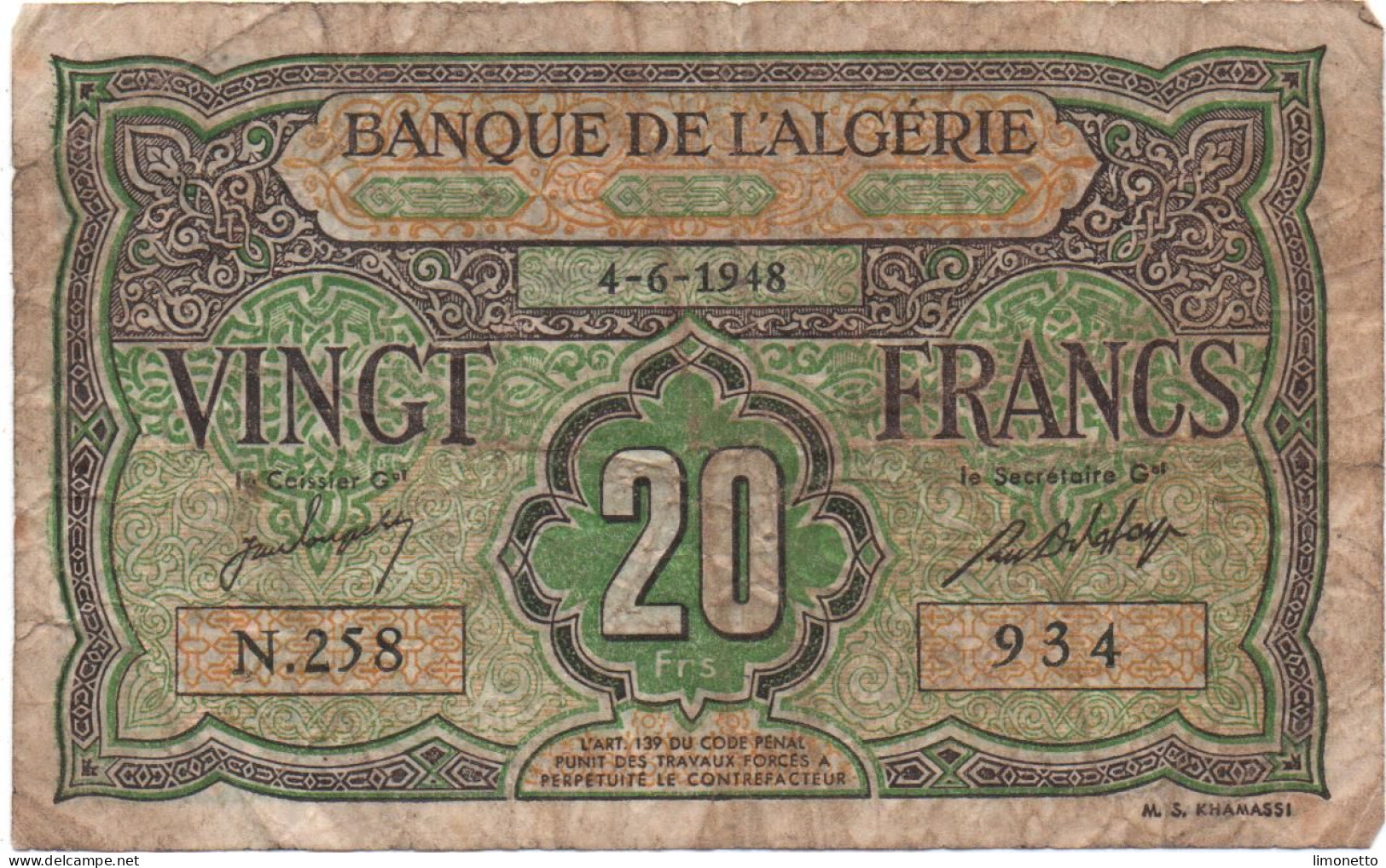 ALGERIE - 4 06 1948 -  20 Frs  (n° 258 ) Circulé      Voir Scans - Algeria