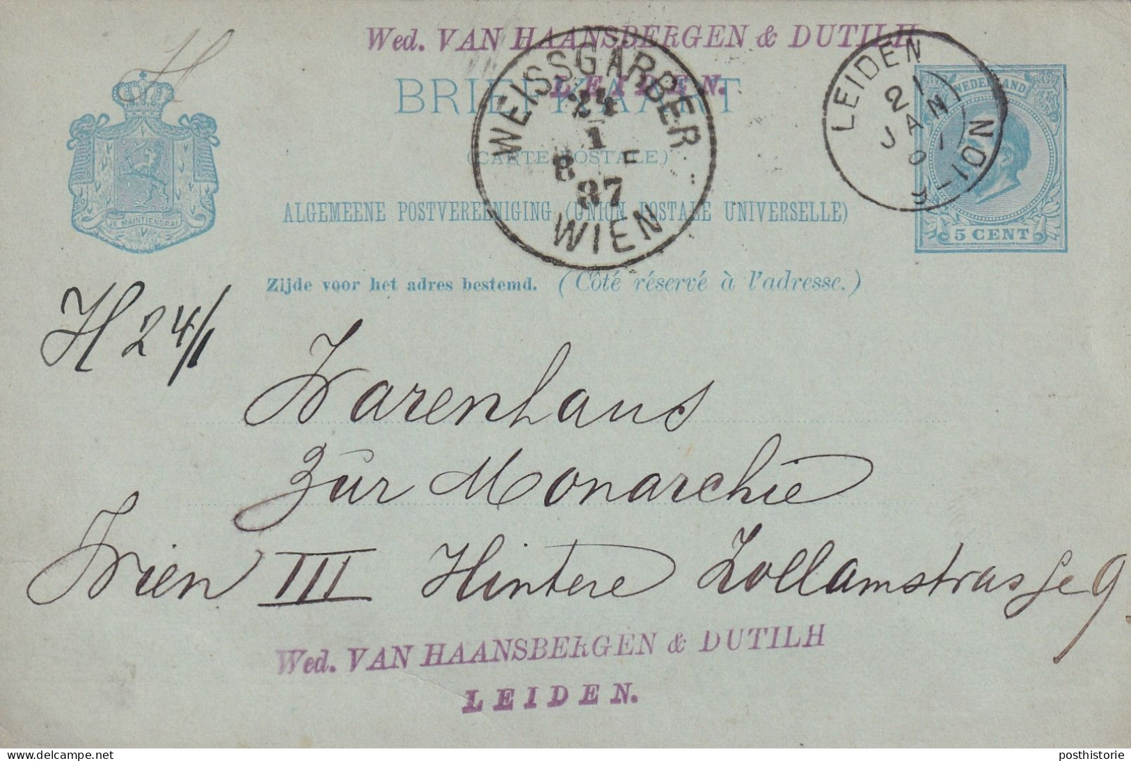 Briefkaart Firmastempel 21 Jan 1887 Leiden (kleinrond) Naar Wenen Weissgarber - Marcophilie