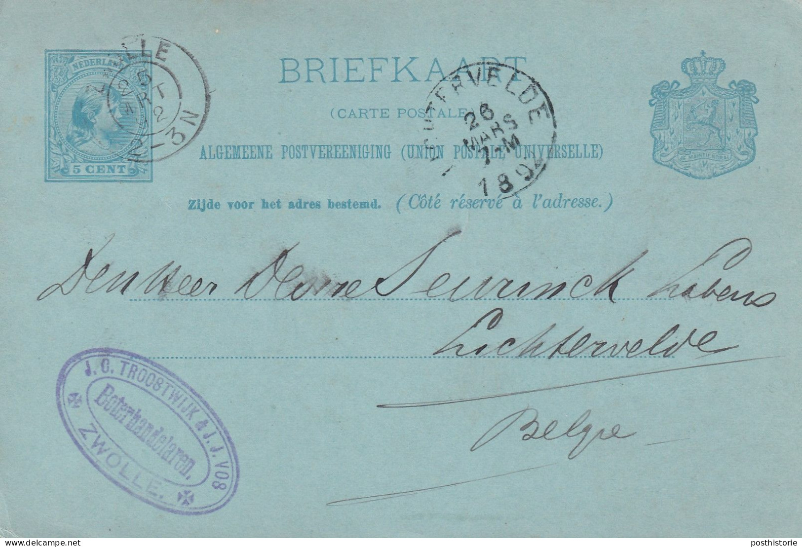 Briefkaart Firmastempel 25 Mrt 1892 Zwolle (kleinrond) Naar Lichtervelde Belgie - Poststempels/ Marcofilie