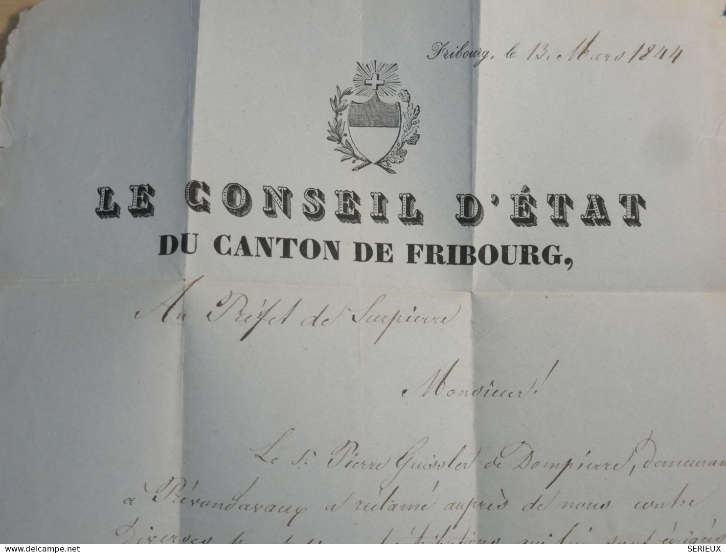 DL3 SUISSE  BELLE LETTRE  CONSEIL D ETAT 1830 FRIBOURG A SURPIERRE  ++AFF. INTERESSANT++ - ...-1845 Préphilatélie