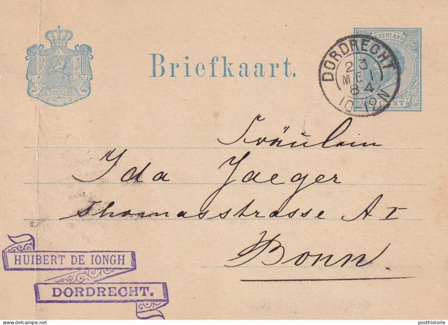 Briefkaart Firmastempel 23 Mei 1884 Dotrdrecht (kleinrond) Naar Bonn - Poststempels/ Marcofilie