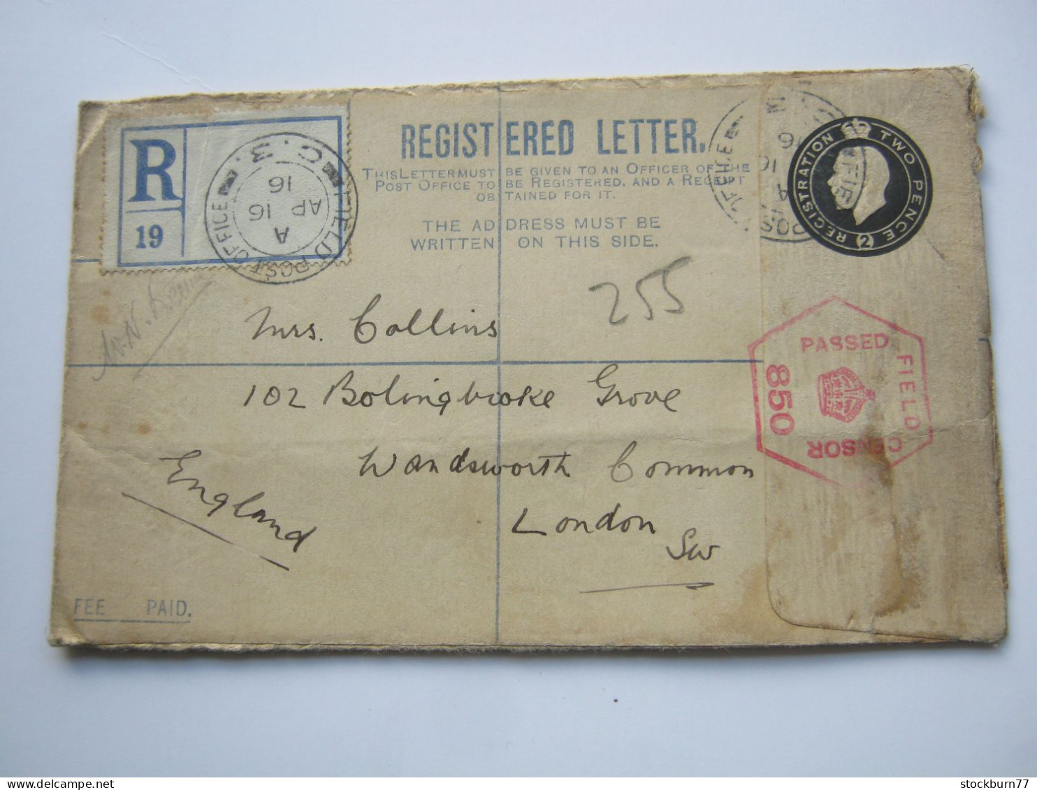 1916 , FIELD - POST - OFFICE   3 , Registered Letter With Censorship - Covers & Documents