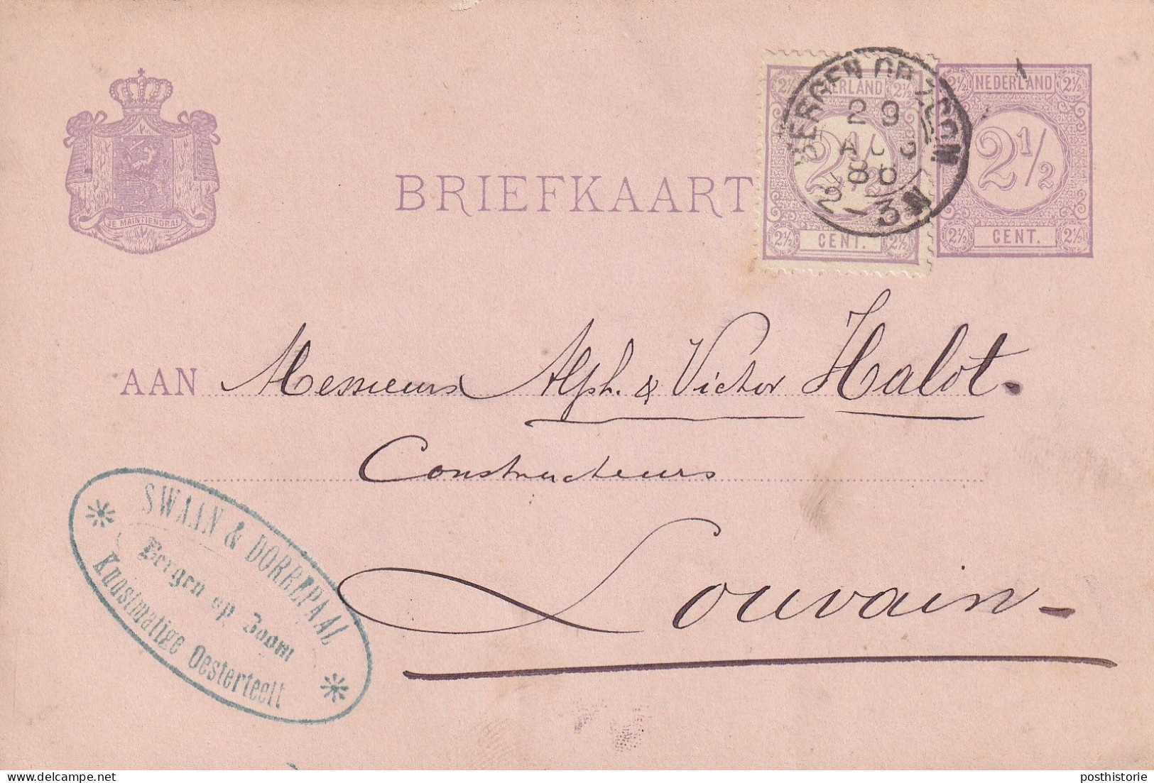 Briefkaart Firmastempel  29 Aug 1886 Bergen Op Zoom (kleinrond) Naar Louvain - Poststempel