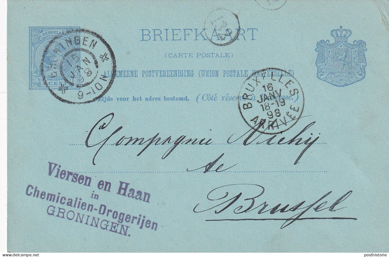 Briefkaart Firmastempel  15 Jan 1898 Groningen (grootrond) Naar Brussel - Poststempels/ Marcofilie