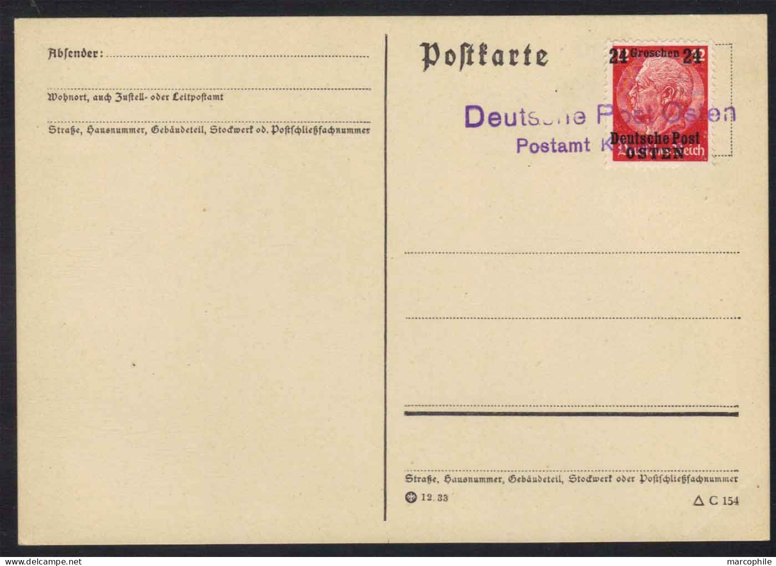 POLOGNE - III REICH - KOZIENICE / 1939 - 24 G./12 PF SUR CARTE POSTALE (ref CM97) - Gouvernement Général