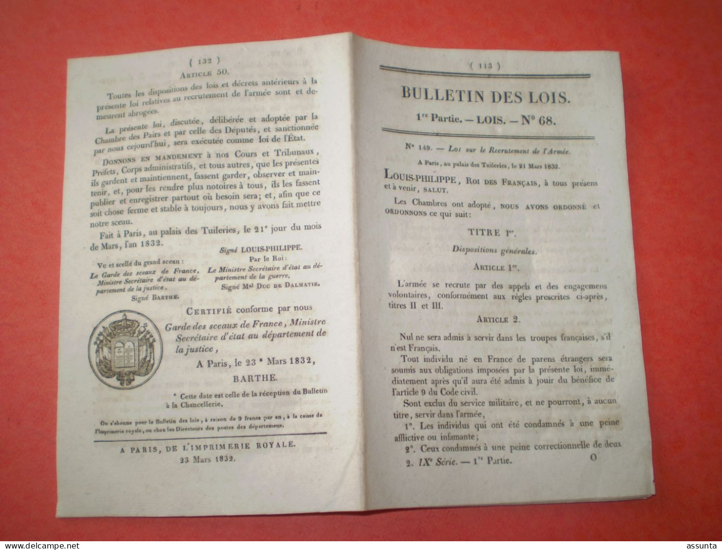 Lois 1832 Sur Le Recrutement De L'Armée: Recensement, Exemption, Remplacement, Engagement, Substitution ... - Decretos & Leyes