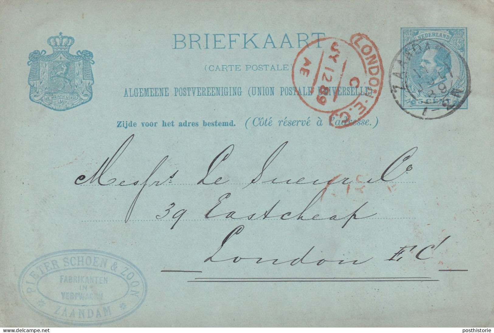Briefkaart Firmastempel 14 Jul 1889 Zaandam (kleinrond) Naar Londen - Poststempels/ Marcofilie