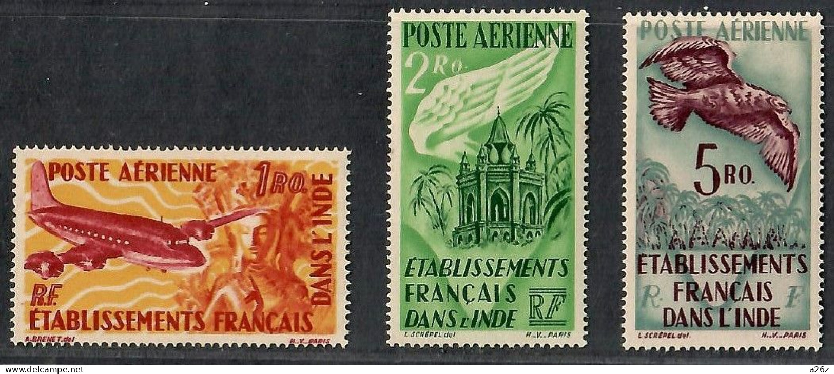 French India 1949 Bas-relief Figure Of Goddess, Wing And Temple And Bird Over Palms Air Post 3V MNH (Fair Condition) - Unused Stamps