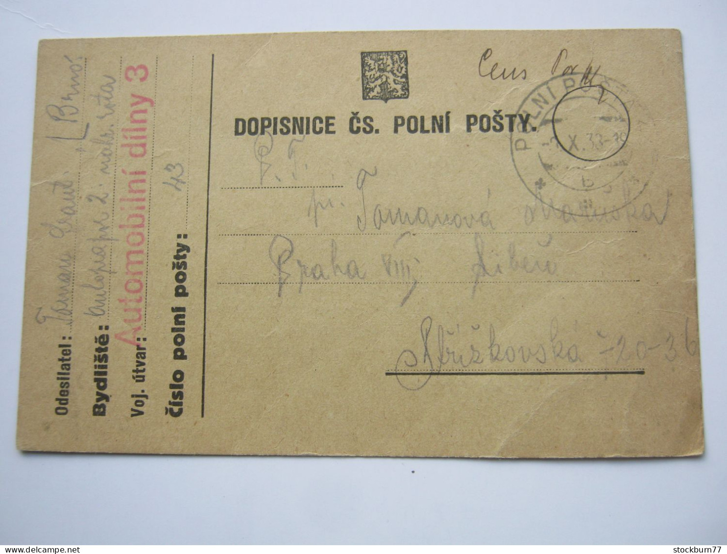 1938 , Sudetenland , Feldpostkarte Einer Tschechischen Automobil Einheit - Briefe U. Dokumente