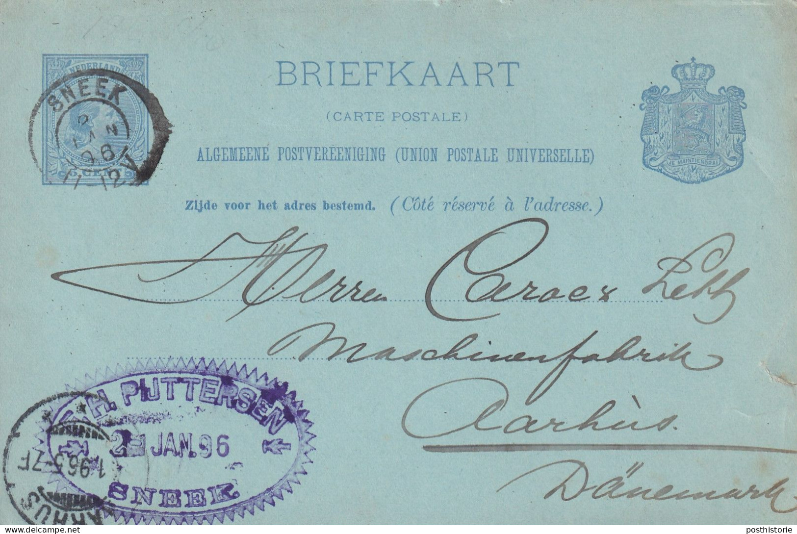 Briefkaart Firmastempel 2 Jan 1896 Sneek (kleinrond) Naar Aarhus Denemarken - Storia Postale