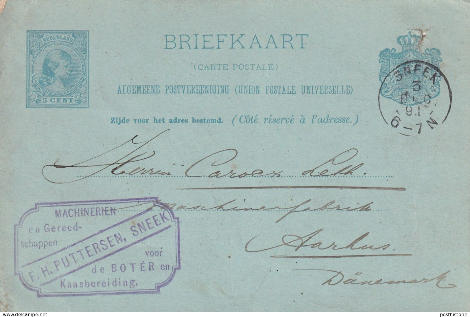 Briefkaart Firmastempel 3 Dec 1891 Sneek (kleinrond) Naar Aarhus Denemarken - Poststempel