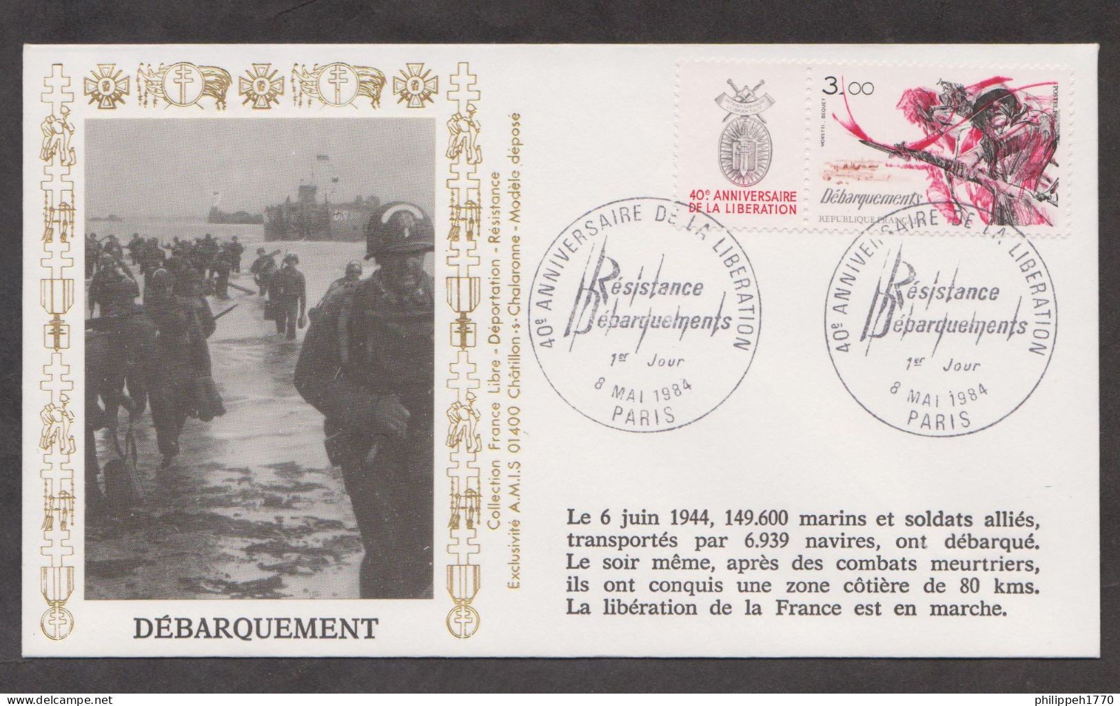 ENVELOPPE PREMIER JOUR 40°ANNIVERSAIRE DE LA LIBERATION-RESISTANCE-DEBARQUEMENT-PARIS. - Zonder Classificatie