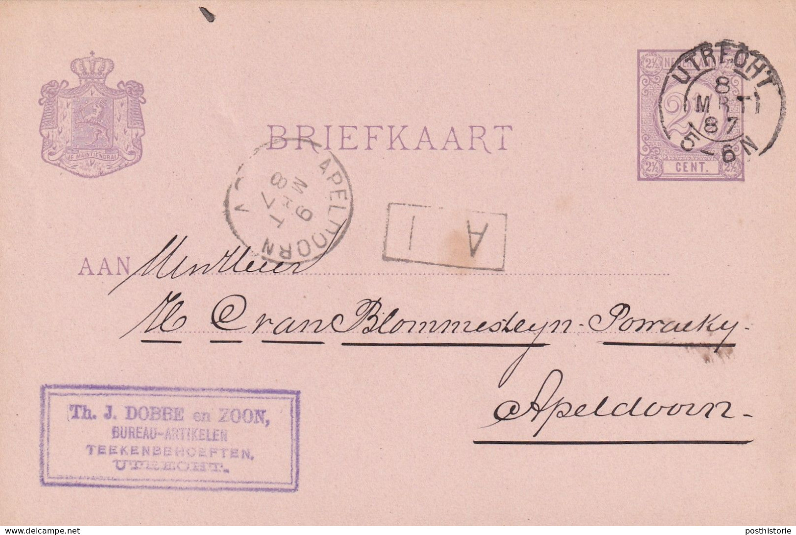 Briefkaart Firmastempel 8 Mrt 1887 Utrecht (kleinrond) Naar Apeldoorn - Poststempels/ Marcofilie