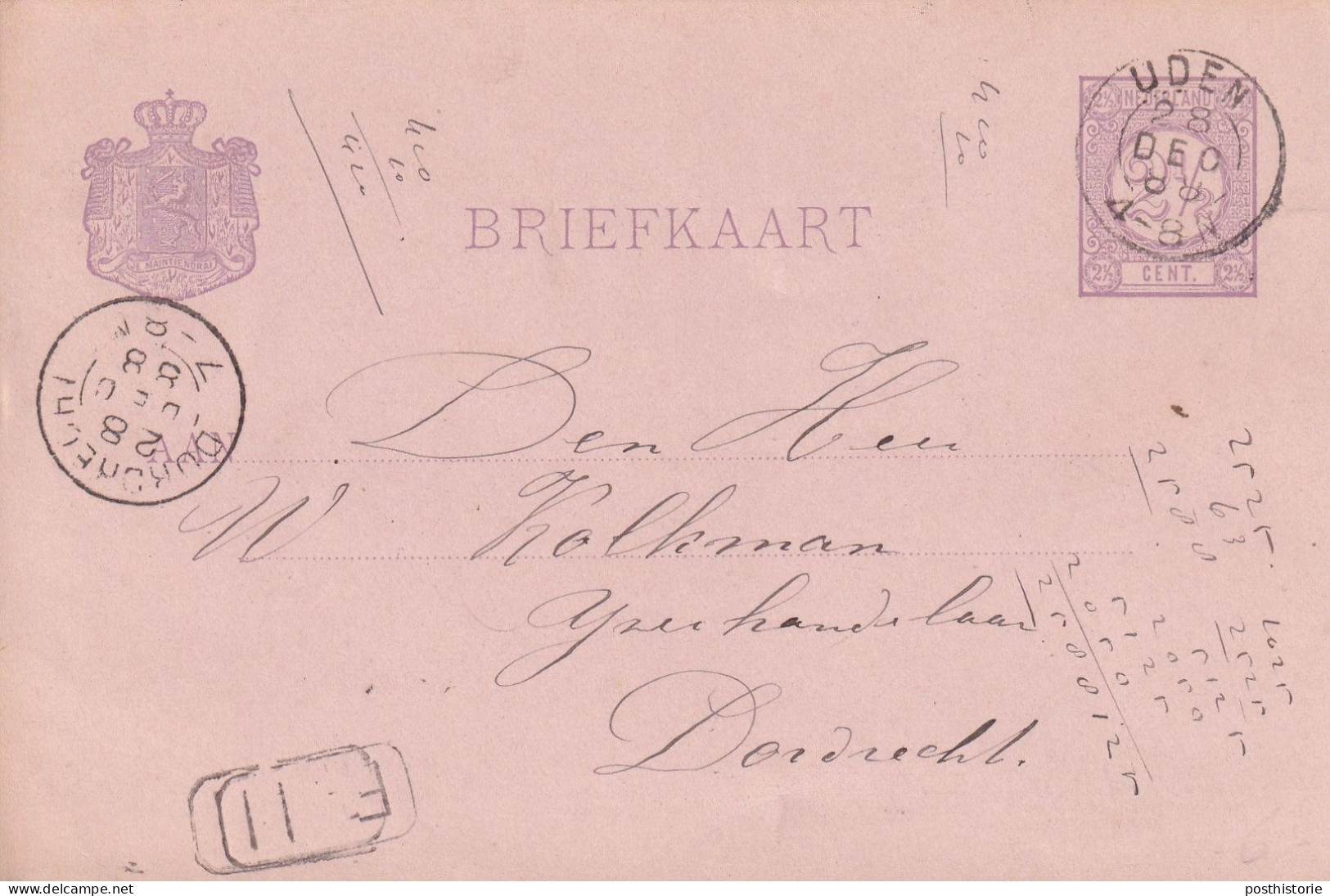 Briefkaart 28 Dec 1888 Uden (hulpkantoor Kleinrond) Naar Dordrecht - Marcophilie
