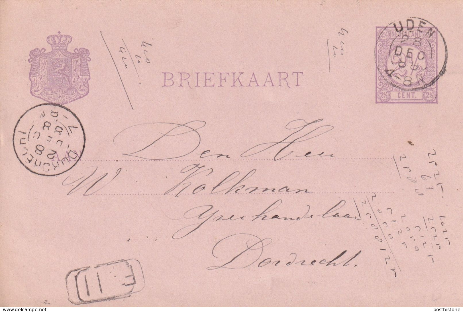 Briefkaart 28 Dec 1888 Uden (hulpkantoor Kleinrond) Naar Dordrecht - Poststempels/ Marcofilie