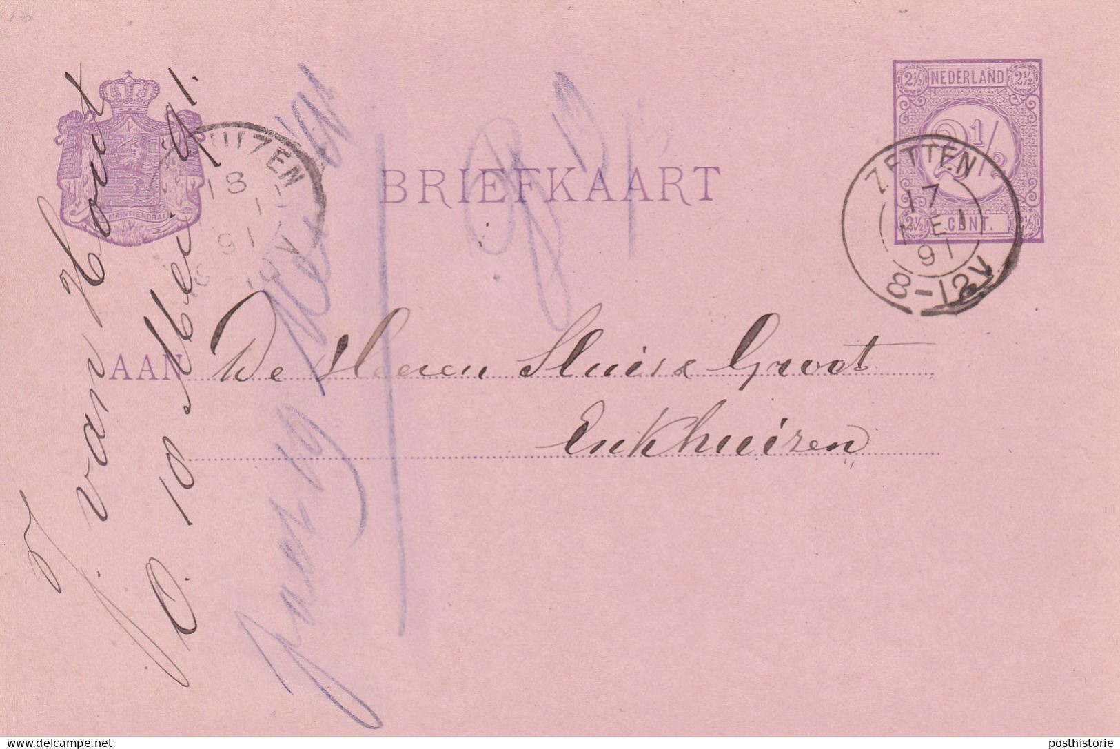 Briefkaart 17 Mei 1891 Zetten (hulpkantoor Kleinrond) Naar Enkhuizen - Marcophilie
