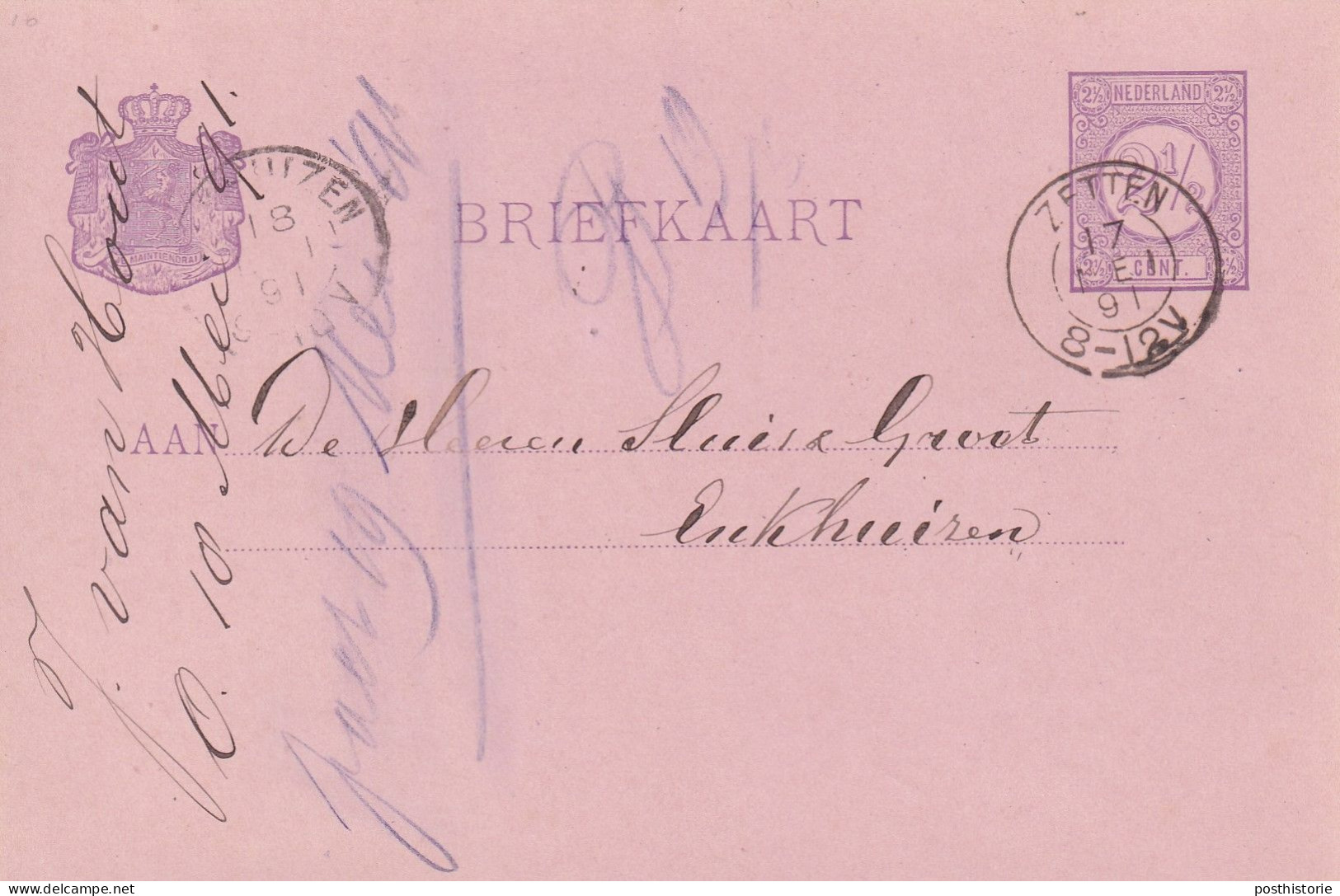 Briefkaart 17 Mei 1891 Zetten (hulpkantoor Kleinrond) Naar Enkhuizen - Storia Postale