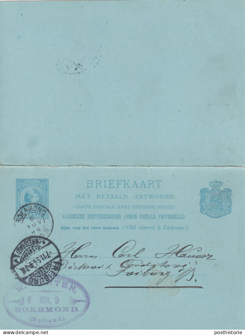 Dubbele Briefkaart Firmastempel  6 Nov 1894 Roermond (kleinrond) Naar Freiburg - Marcophilie