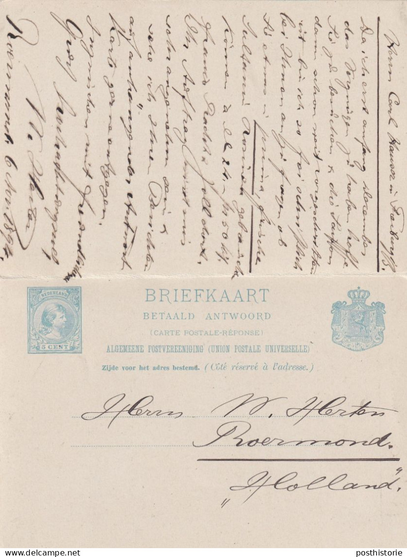 Dubbele Briefkaart Firmastempel  6 Nov 1894 Roermond (kleinrond) Naar Freiburg - Poststempel