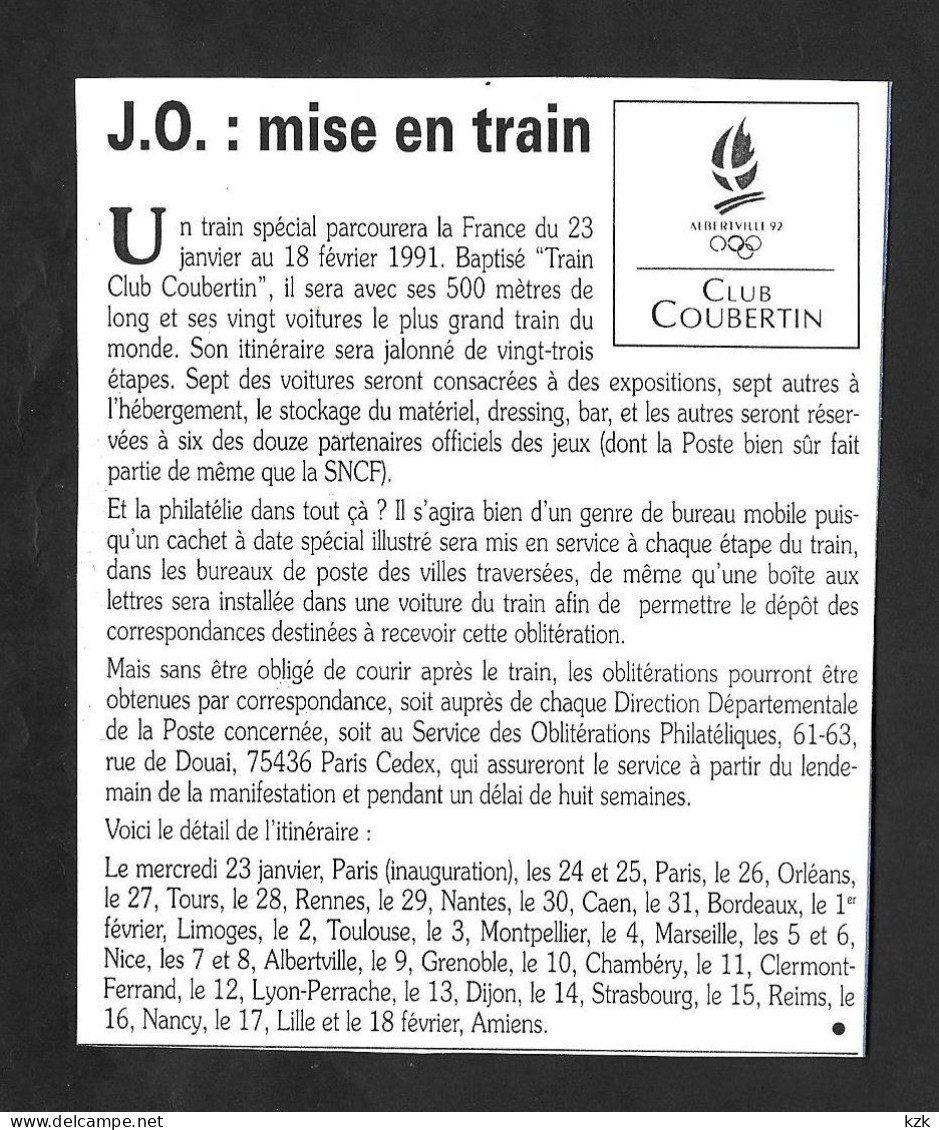 18	079	-	XVI° JO D'Hiver - Info Sur Le "Train Club Coubertin" - Hiver 1992: Albertville