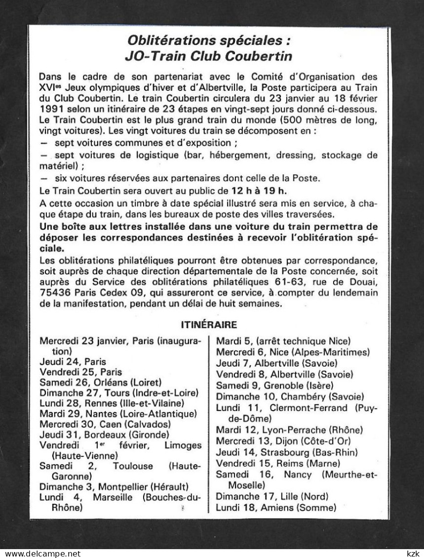 18	079	-	XVI° JO D'Hiver - Info Sur Le "Train Club Coubertin" - Hiver 1992: Albertville