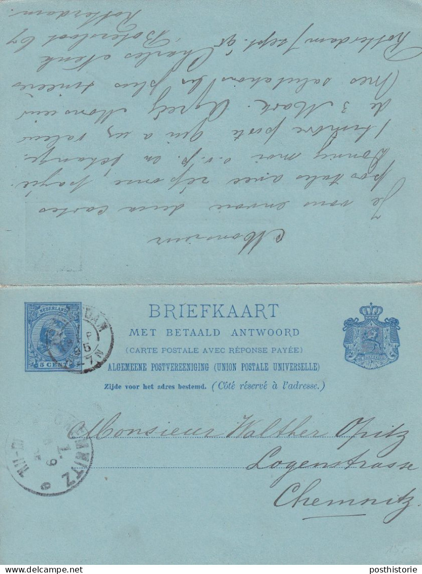 Dubbele Briefkaart 7 Sep 1895 Rotterdam (kleinrond) Naar Chemnitz - Poststempel