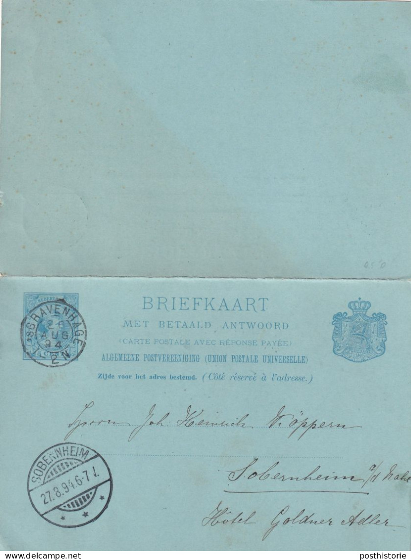 Dubbele Briefkaart 20 Aug 1894 's Gravenhage (kleinrond) NaarS Obenheim - Poststempel