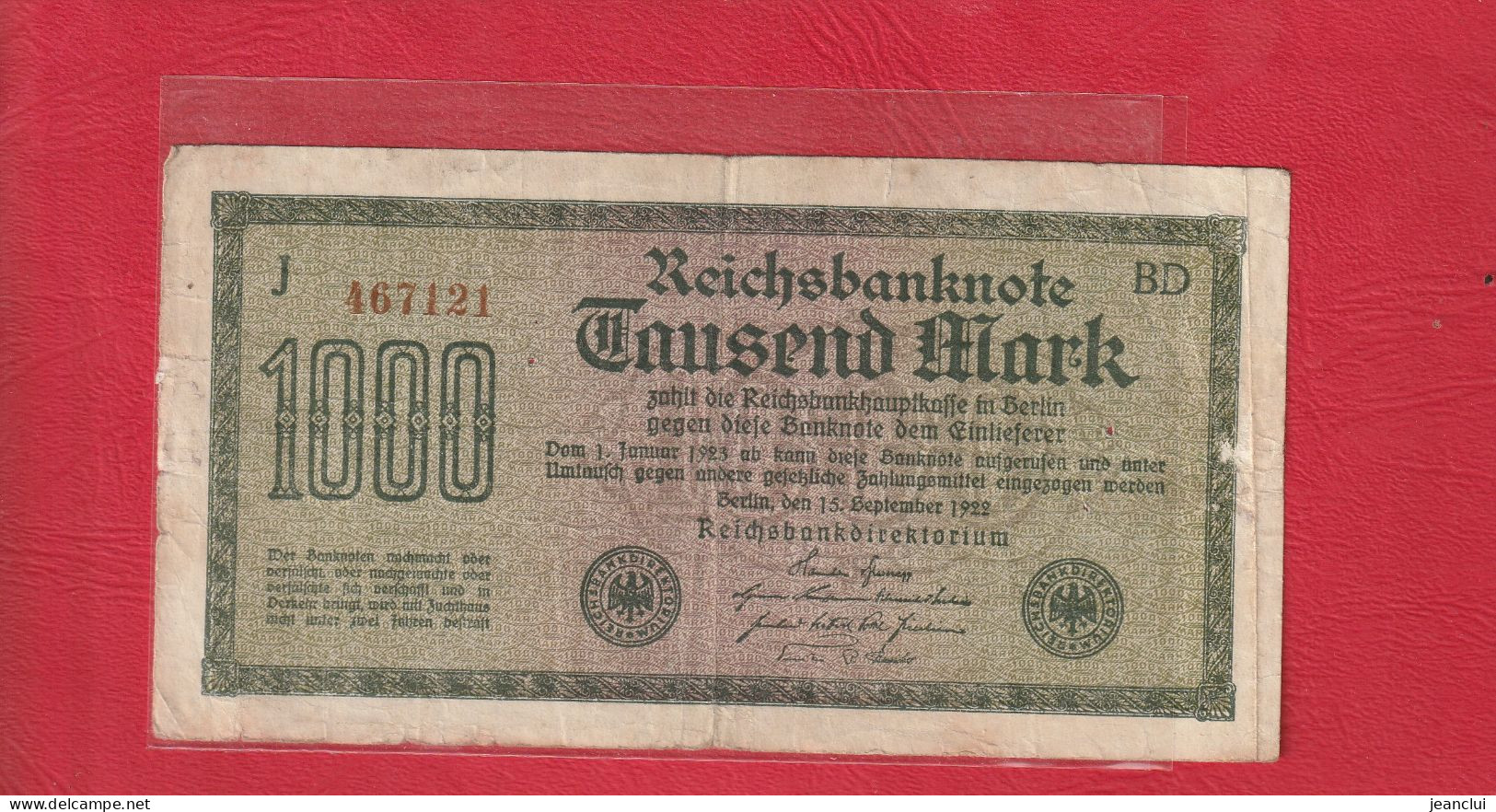 REICHSBANKNOTE . 1.000 MARK  .  15-9-1922 .  N°  467121  .  2 SCANNES - 500 Mark