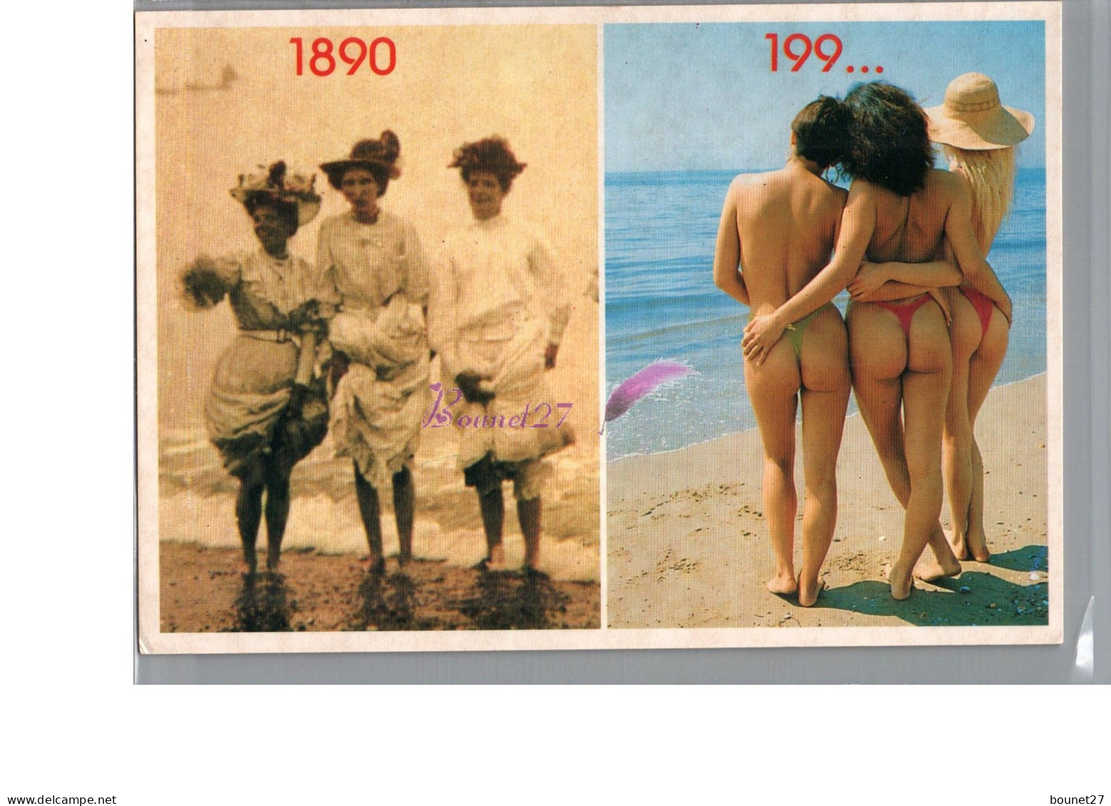 Carte Humour Pin Up En 1890 Et Femme Denudé En String En 199..  - Pin-Ups