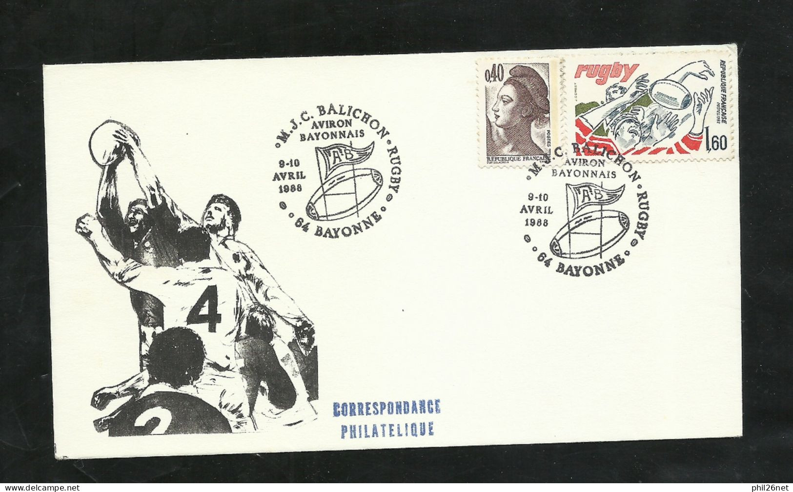 Lettre Illusttrée " La Touche " Aviron Bayonnais Les 9 Et 10/04/1988 N°2183 Et 2236 Rugby +cachets Illustrés TB  Soldé ! - Rugby