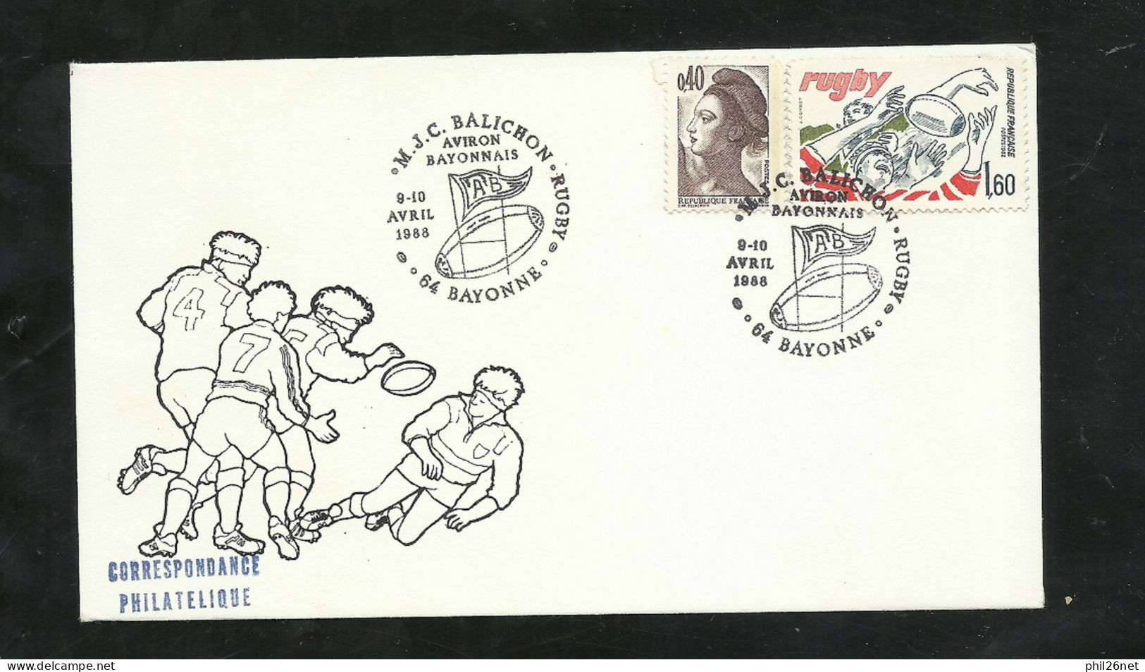 Lettre Illusttrée " L'Ouverture " Aviron Bayonnais Les 9 Et 10/04/1988 N°2183 Et 2236 Rugby +cachets Illustrés TB  Soldé - Rugby