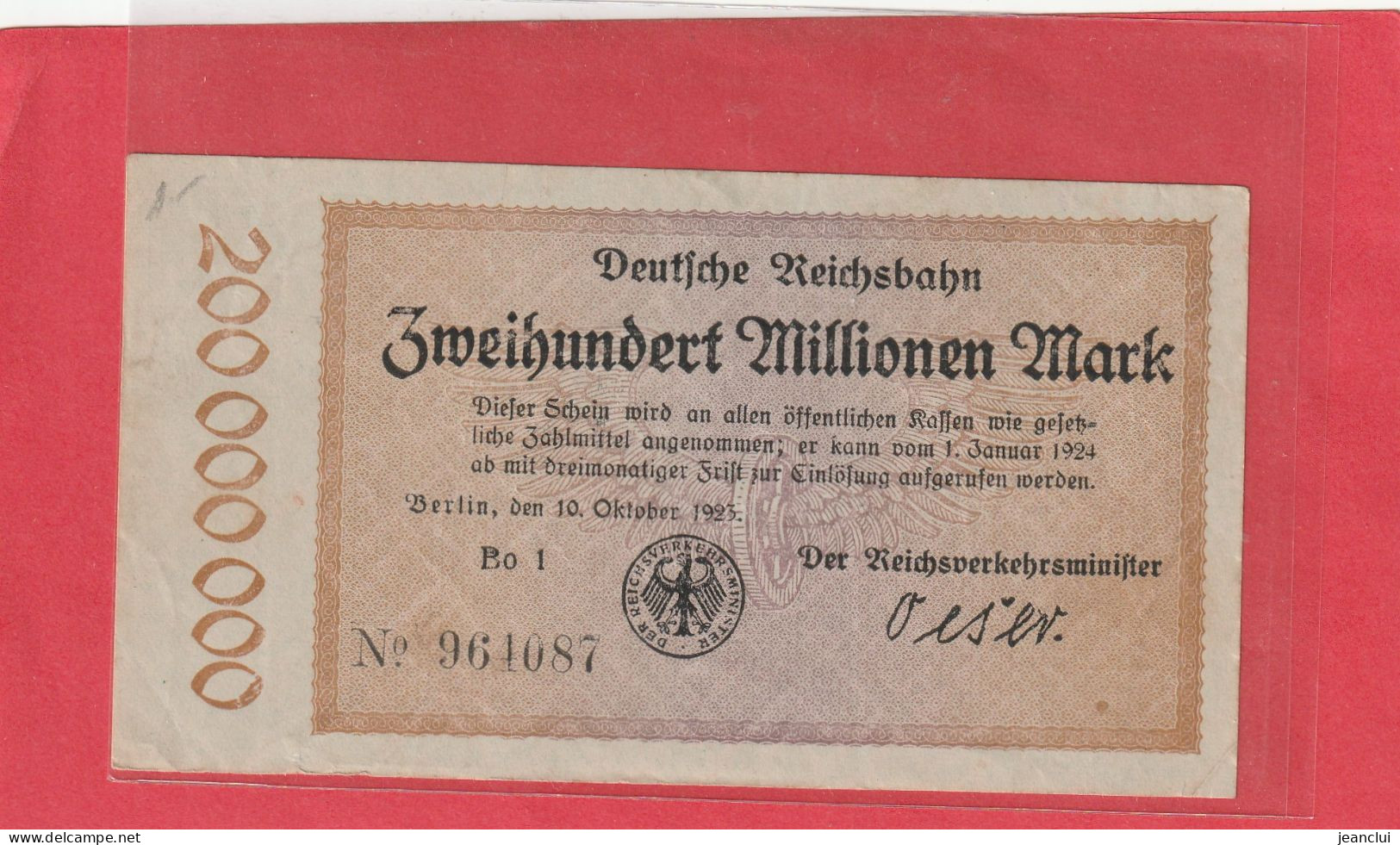 DEUTSCHE REICHSBAHN  .  200.000.000 MARK  .  10 OKTOBER 1923  .  N°  964087 - [15] Commémoratifs & Emissions Spéciales