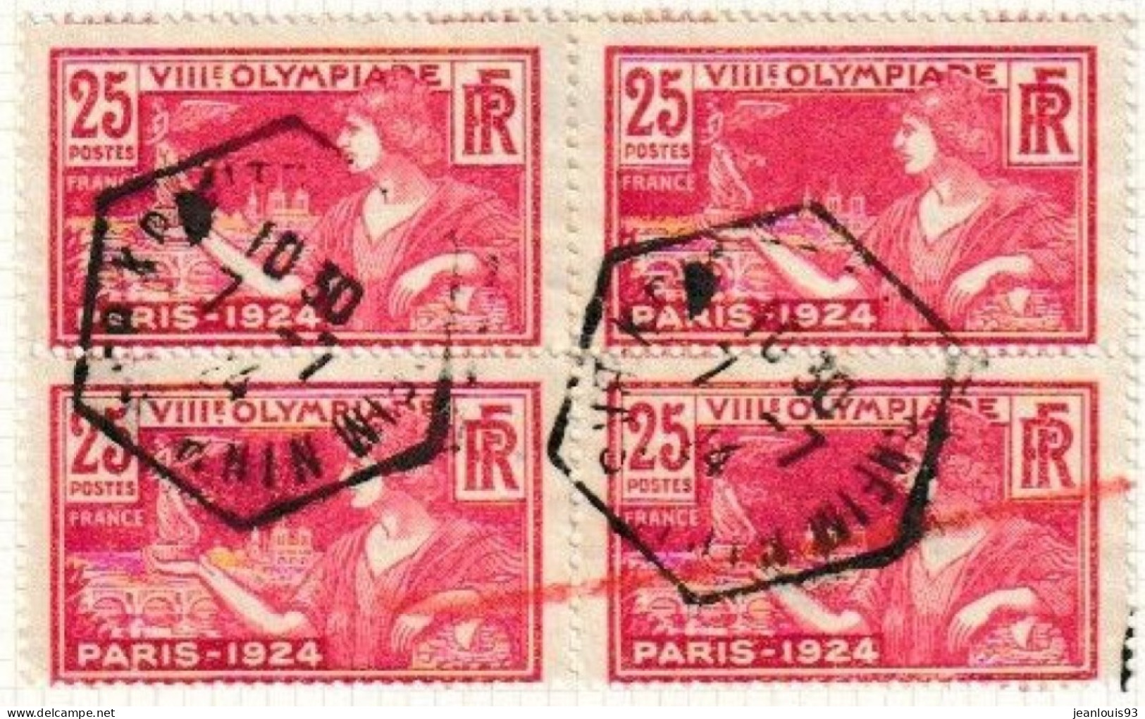 FRANCE - 184  25C ROSE JEUX OLYMPIQUES 1924 EN BLOC DE 4 TIMBRES OBL USED - Gebruikt