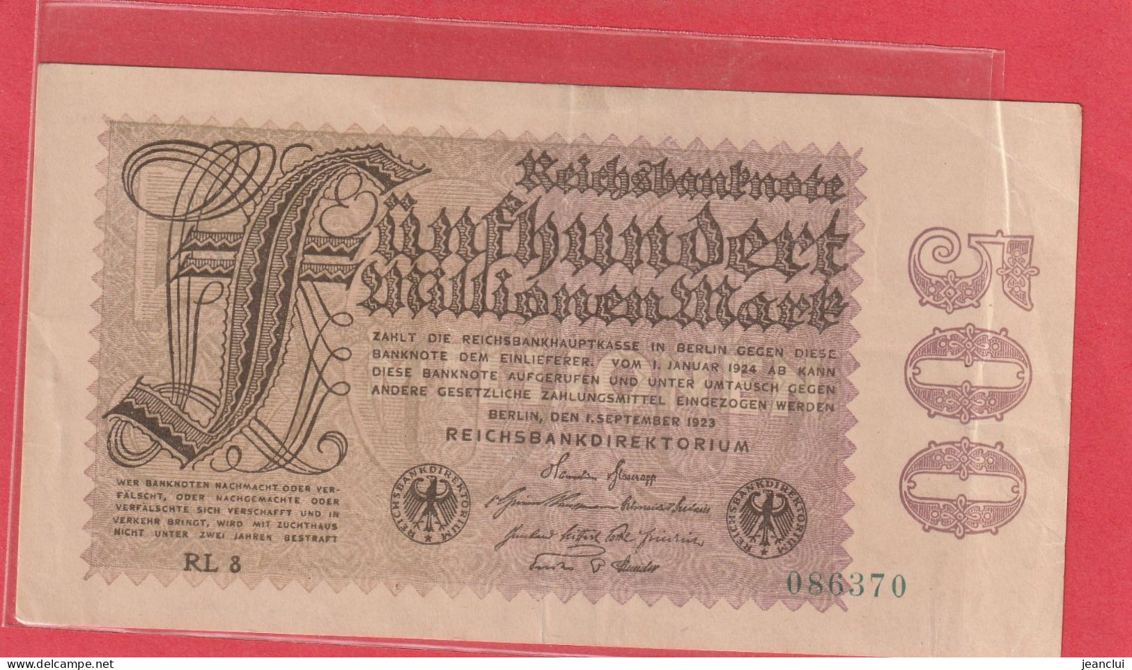 REICHSBANKNOTE .  500.000.000 MARK  .  1-9-1923  .  N°  086370 - 500 Millionen Mark