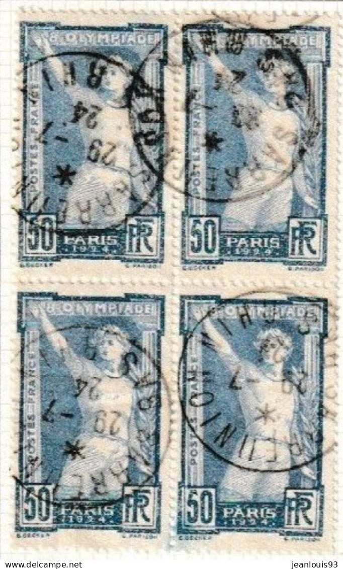 FRANCE - 186  50C BLEU JEUX OLYMPIQUES 1924 EN BLOC DE 4 TIMBRES OBL USED - Gebruikt