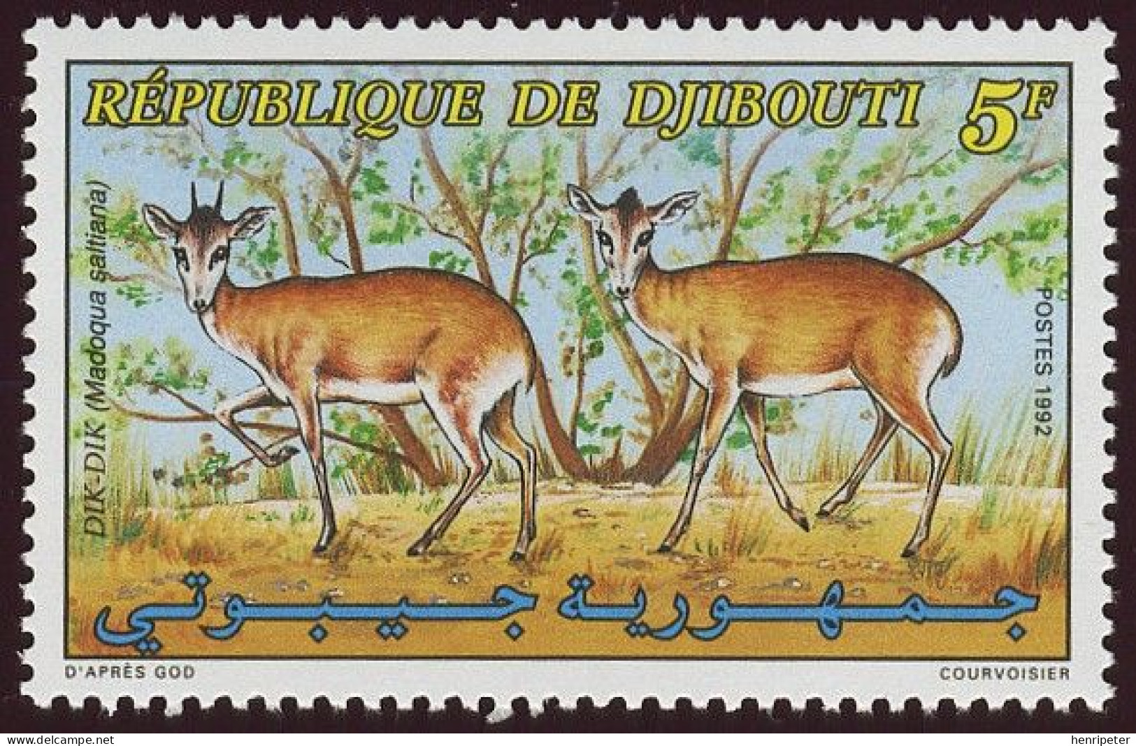 Timbre-poste Gommé Dentelé Neuf** - Protection De La Faune Dik-dik - N° 698 (Yvert Et Tellier) - Djibouti 1992 - Gibuti (1977-...)