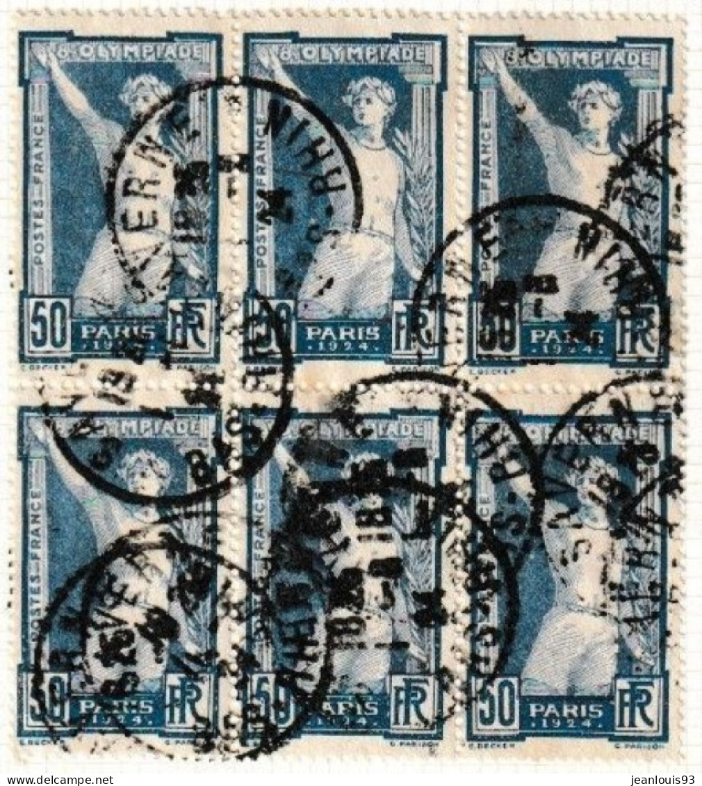 FRANCE - 186  50C BLEU JEUX OLYMPIQUES 1924 EN BLOC DE 6 TIMBRES OBL USED - Gebruikt