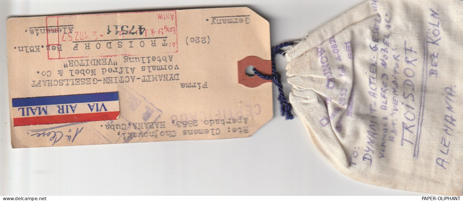 CUBA - 1957, R-Adressanhänger Mit Musterbeutel An Dynamit-Nobel Troisdorf, Air-Mail First Class - Cartas & Documentos