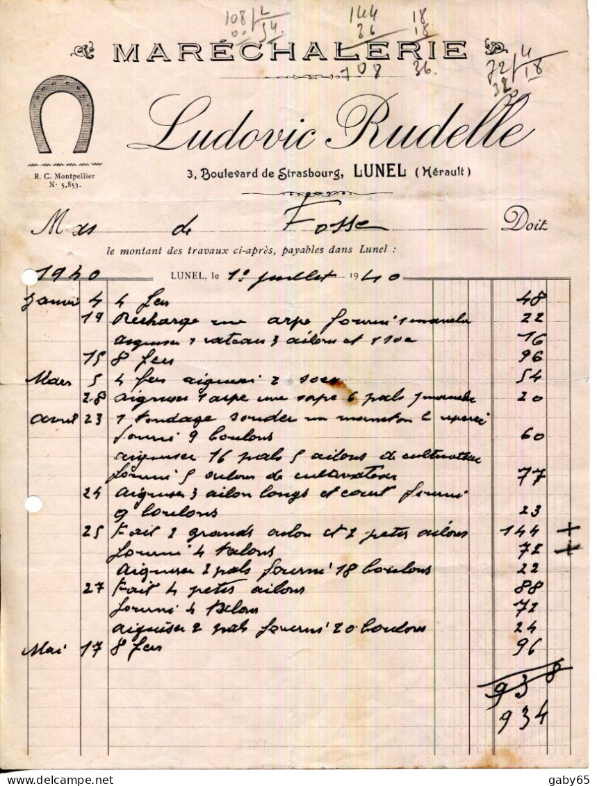 FACTURE.34.HÉRAULT.LUNEL.MARÉCHALERIE.LUDOVIC BUDELLE 3 BOULEVARD DE STRASBOURG. - Straßenhandel Und Kleingewerbe