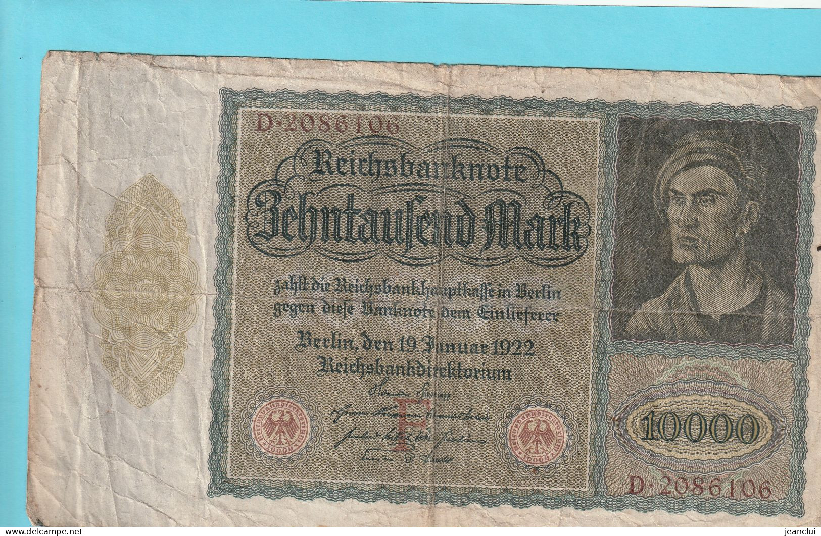 REICHSBANKNOTE  .  10.000 MARK  .  19-1-1922  .  N°  D.2086106 - 10000 Mark