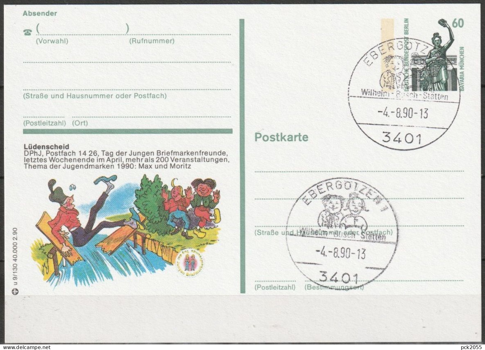 Berlin Ganzsache 1990 Mi.-Nr. P 128 U9/130 Lüdenscheid Sonderstempel EBERGÖTZEN 4.8.90  ( PK 396 ) - Postkarten - Gebraucht