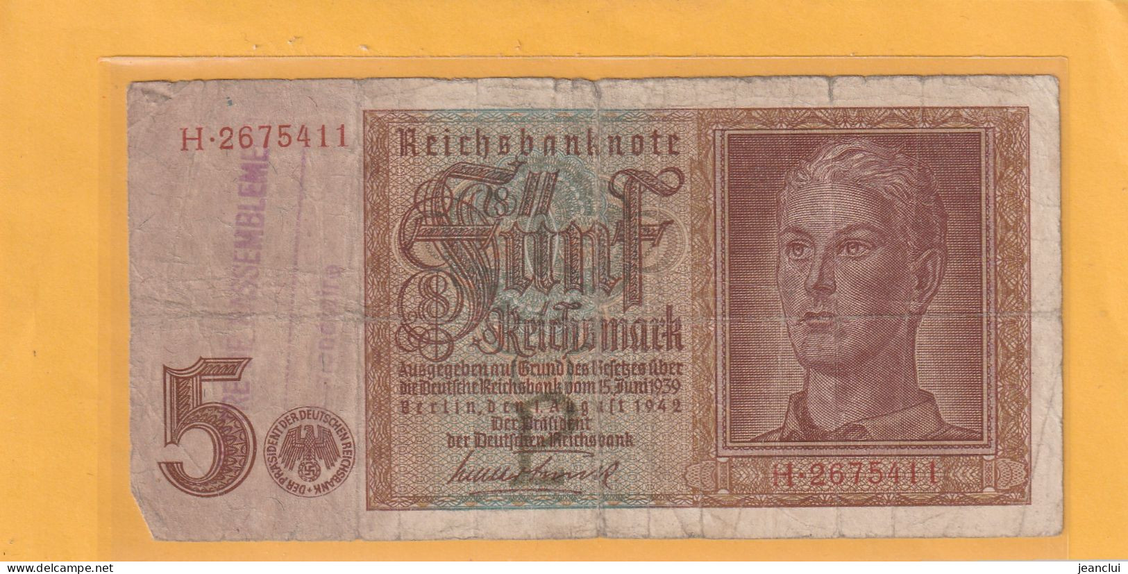 REICHSBANKNOTE  .  5 MARK  .  1-8-1942  .  N°  H.2675411  +  PUFFER A GAUCHE - 5 Reichsmark