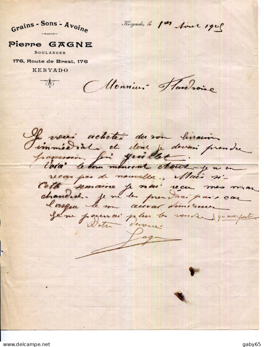 FACTURE.56.MORBIHAN.KERYADO.GRAINS.SONS.AVOINE.PIERRE GAGNE BOULANGER 176 ROUTE DE BREST. - Alimentaire