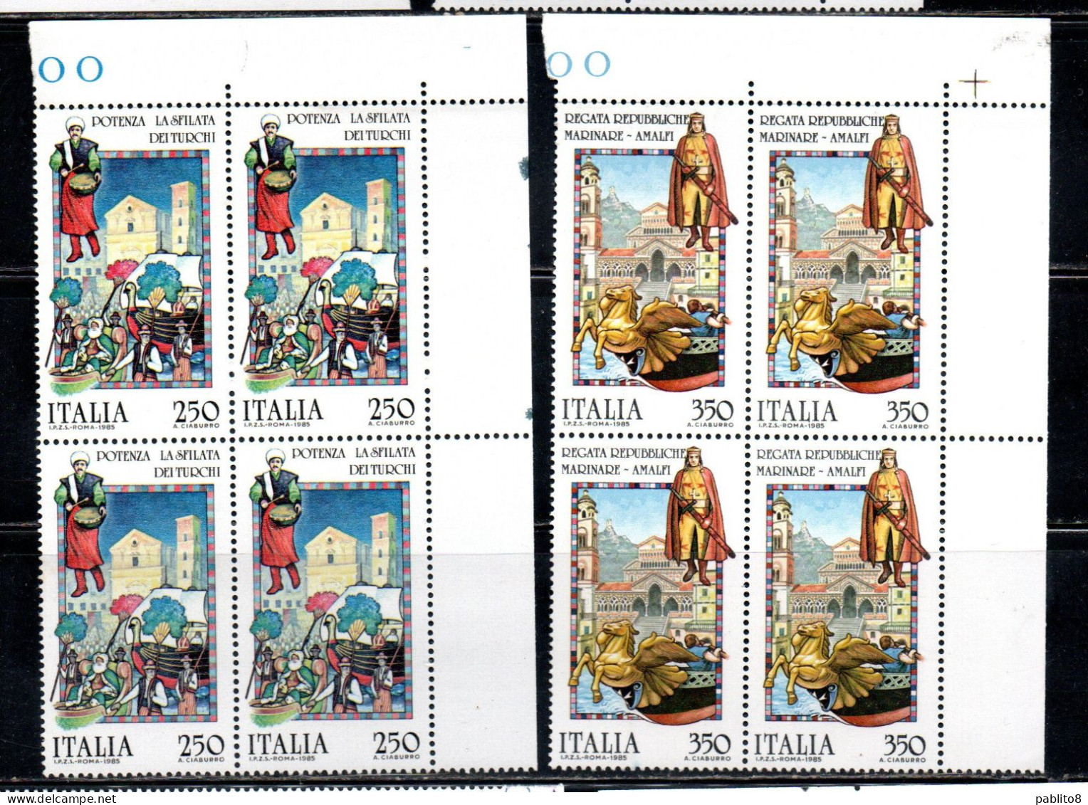 ITALIA REPUBBLICA ITALY REPUBLIC 1985 FOLCLORE ITALIANO FOLKLORE SERIE COMPLETA QUARTINA ANGOLO DI FOGLIO BLOCK MNH - 1981-90:  Nuevos