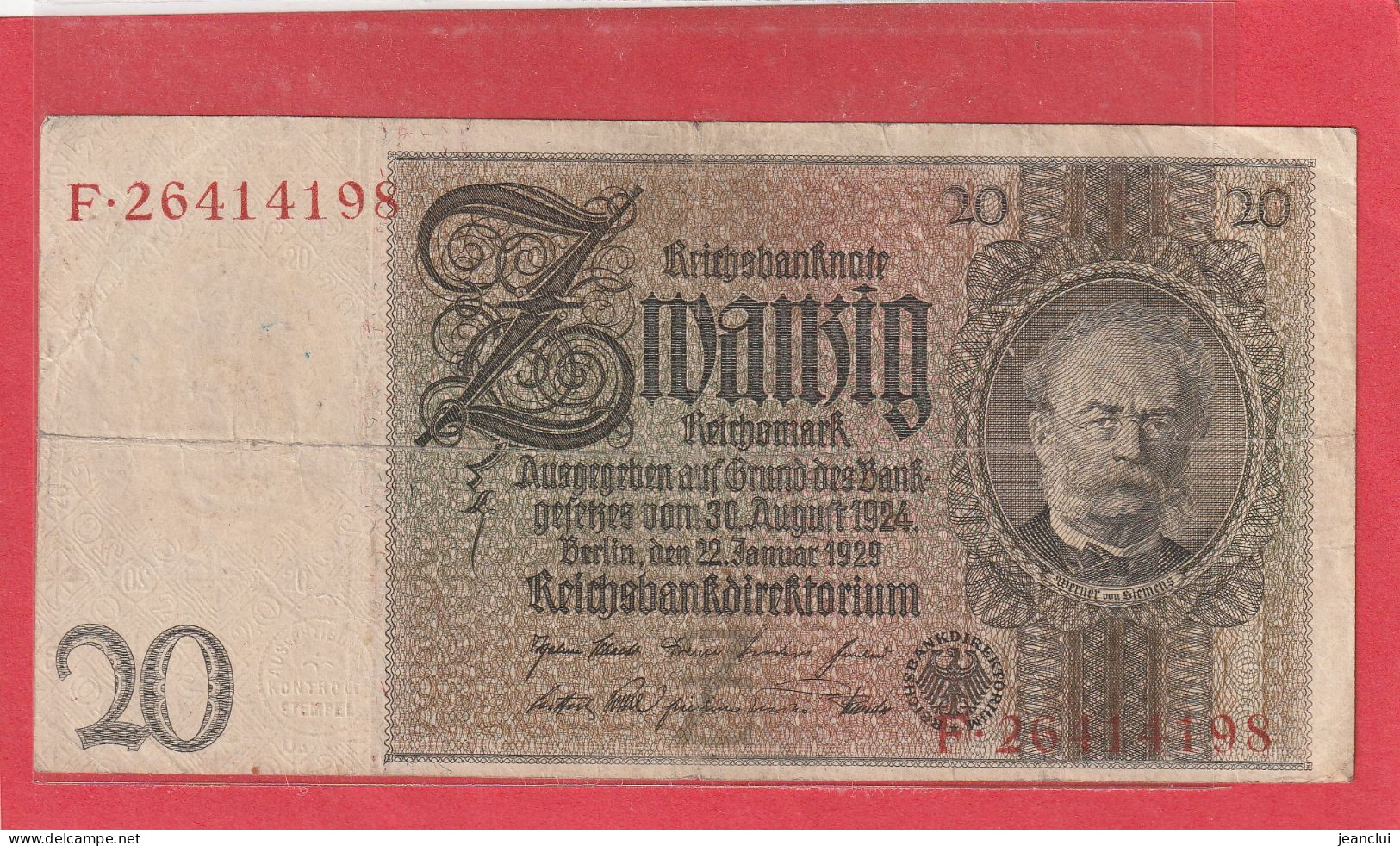 REICHSBANKNOTE  .  20 MARK  .  22-1-1929  .  N°  F.26414198 - 20 Mark