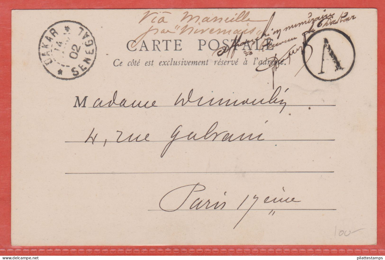 SENEGAL CARTE POSTALE AFFRANCHIE EN NUMERAIRE DE 1902 DE DAKAR POUR PARIS FRANCE - Covers & Documents