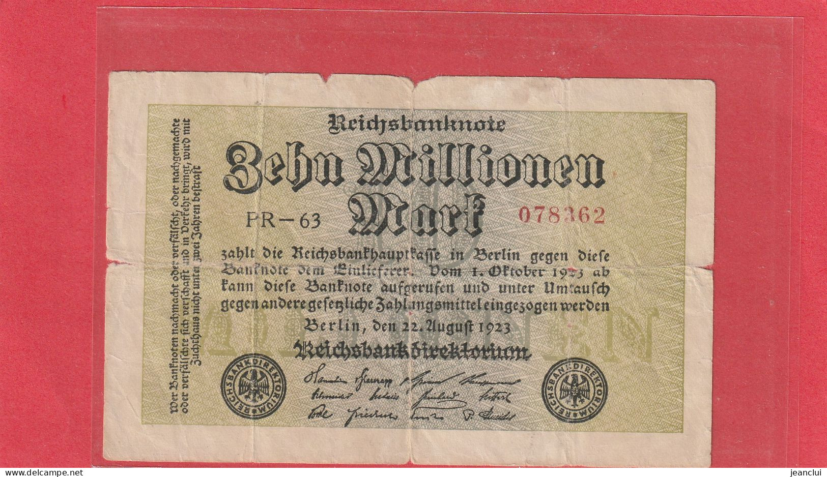 REICHSBANKNOTE  .  10.000.000 MARK  .  22-8-1923  .  N°  078362 - 10 Millionen Mark