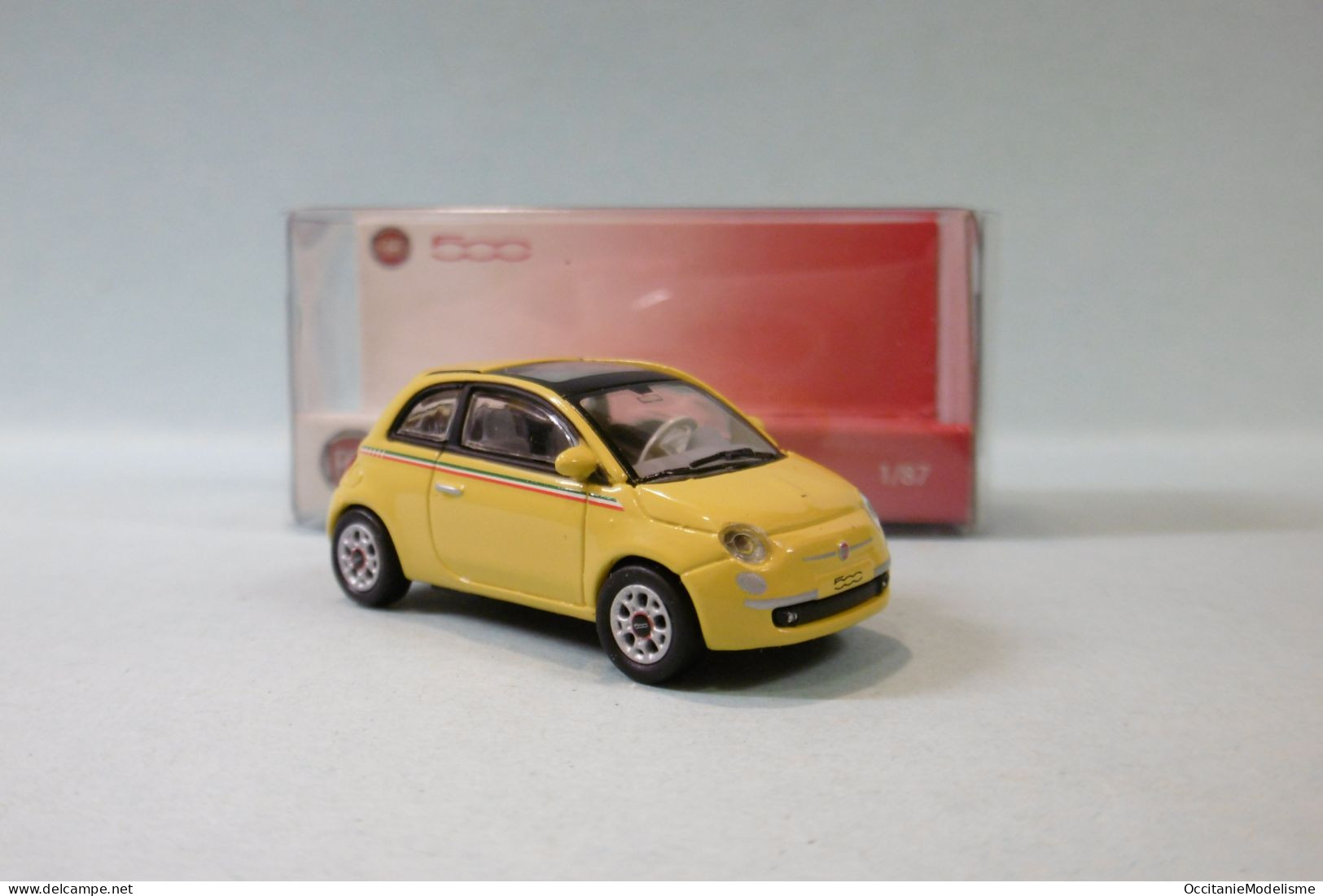 Norev - FIAT 500 2007 Jaune Bandes Italiennes Réf. 770036 Neuf NBO HO 1/87 - Baanvoertuigen