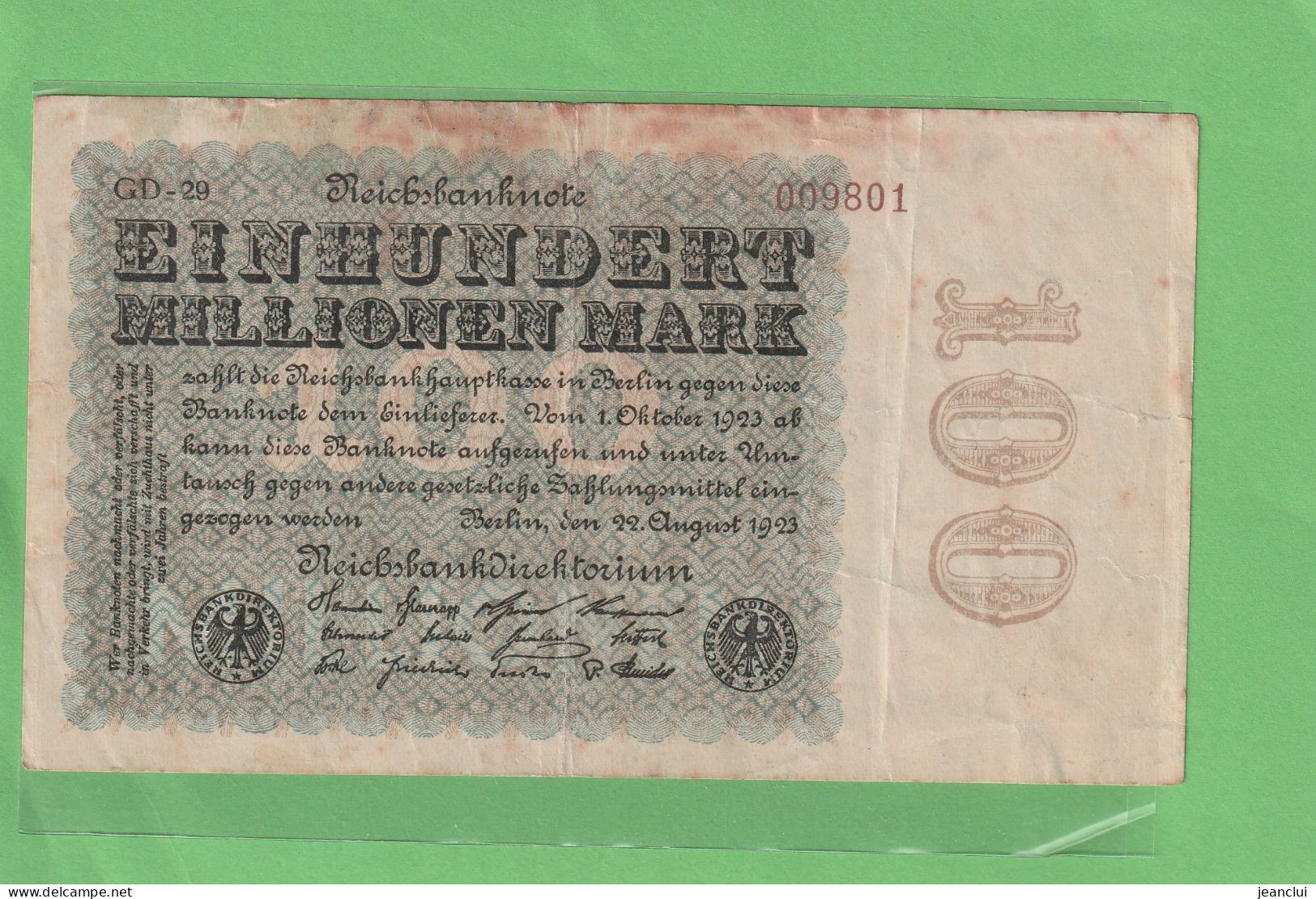 REICHSBANKNOTE  .  100.000.000 MARK  .  22-8-1923  .  N°  009801 - 100 Miljoen Mark