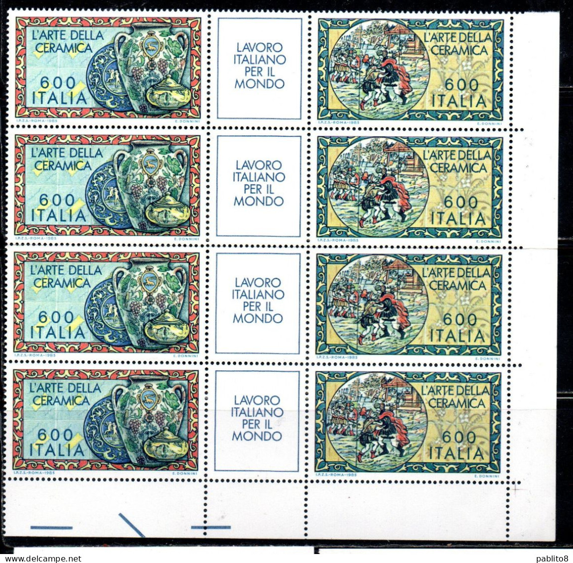 ITALIA REPUBBLICA ITALY REPUBLIC 1985 LAVORO ITALIANO ARTE DELLA CERAMICA BLOCCO BLOCK QUARTINA ANGOLO DI FOGLIO MNH - 1981-90: Mint/hinged